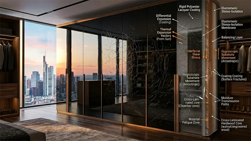 Engineering visualization of coating crazing and substrate stress failure in high-gloss piano-finish wardrobe systems exposed to moisture movement and thermal expansion.